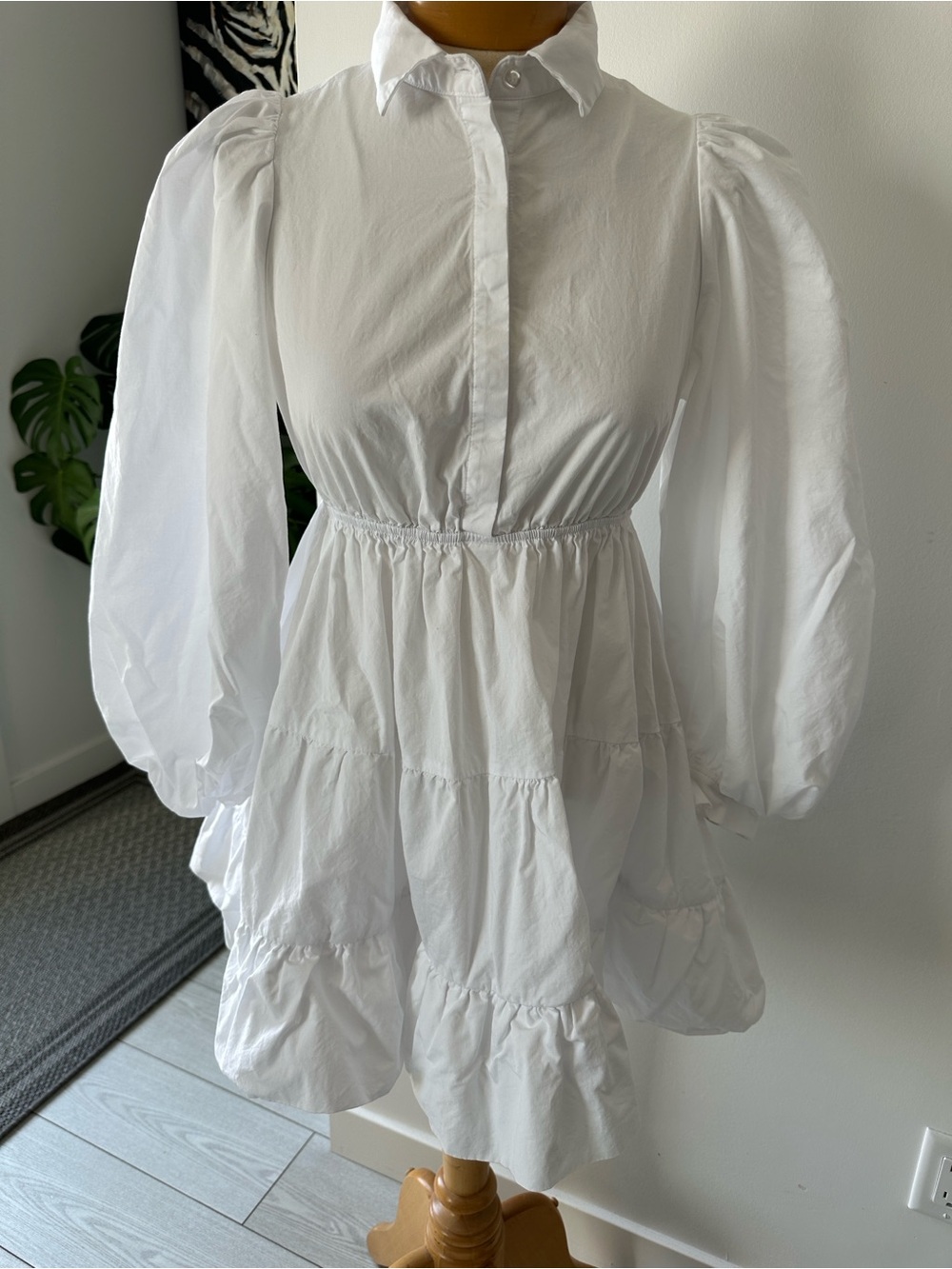 Bardot White Puff-Sleeve Tiered Mini Dress